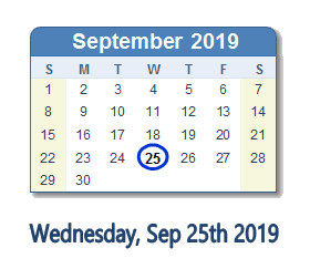 September 25, 2019 calendar