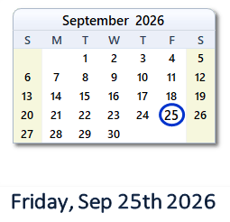 25 September 2026 calendar