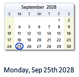 September 25, 2028 calendar