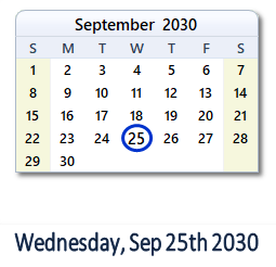 September 25, 2030 calendar