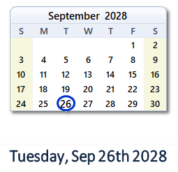 September 26, 2028 calendar