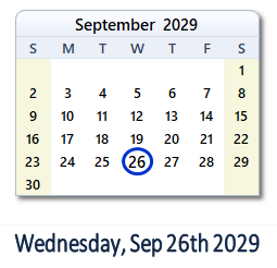 September 26, 2029 calendar