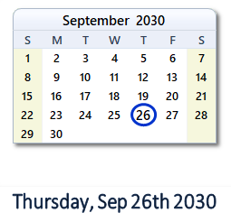 September 26, 2030 calendar