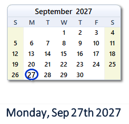 September 27, 2027 calendar