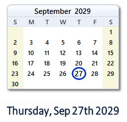 September 27, 2029 calendar