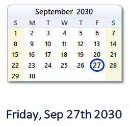September 27, 2030 calendar