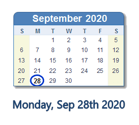 September 28, 2020 calendar