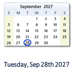 September 28, 2027 calendar