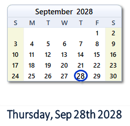 September 28, 2028 calendar