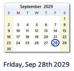 September 28, 2029 calendar