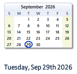 29 September 2026 calendar