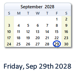 September 29, 2028 calendar