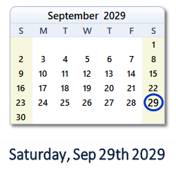 September 29, 2029 calendar