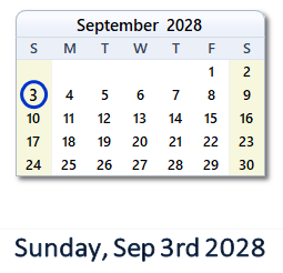 September 3, 2028 calendar