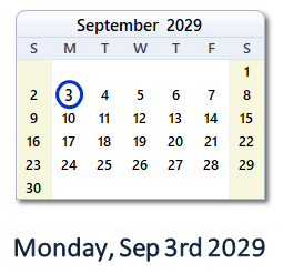 September 3, 2029 calendar
