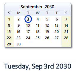 September 3, 2030 calendar