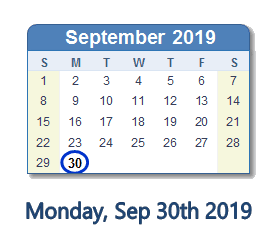 September 30, 2019 calendar