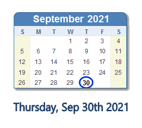 30 September 2021 calendar