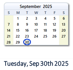 30 September 2025 calendar