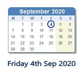 September 4, 2020 Calendar with Holiday info and Count Down - GBR