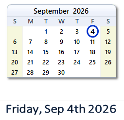 September 4, 2026 calendar
