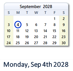 September 4, 2028 calendar