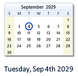 September 4, 2029 calendar