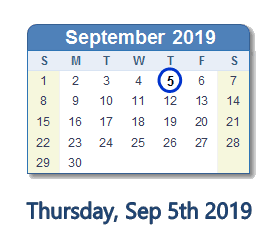 September 5, 2019 calendar