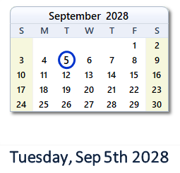 September 5, 2028 calendar
