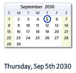 September 5, 2030 calendar