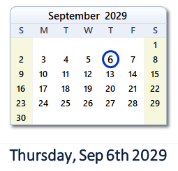 September 6, 2029 calendar