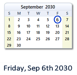 September 6, 2030 calendar
