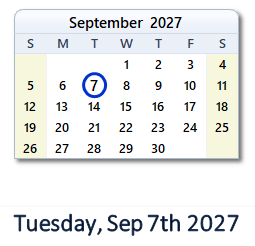 September 7, 2027 calendar