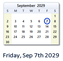 September 7, 2029 calendar