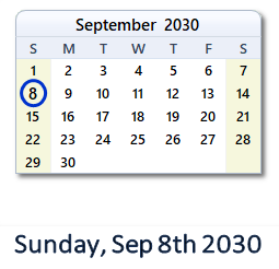 September 8, 2030 calendar