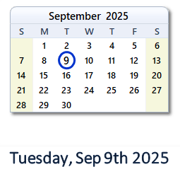 9 September 2025 calendar