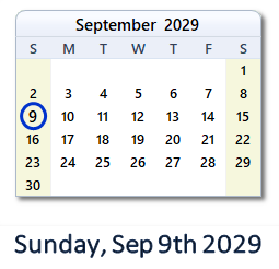 September 9, 2029 calendar
