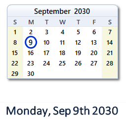 September 9, 2030 calendar