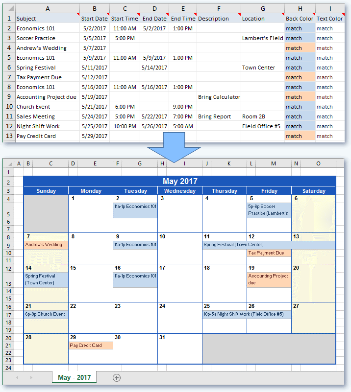 Convert Excel data to Calendar