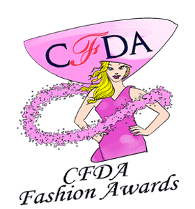 Stylized woman in a white dress stands beside large “CFDA” lettering and a pink ornamental flourish.