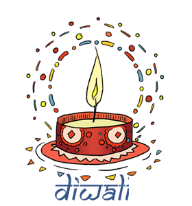 A decorated clay diya lamp with a glowing flame and intricate red, gold, and green patterns for Diwali.