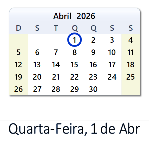 1 de Abr, 2026 Calendário com Feriados e Cont. Regressiva - BRA