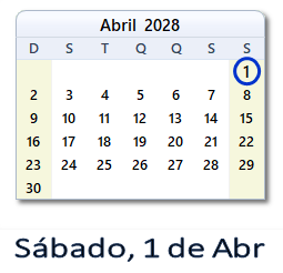 1 Abril 2028 calendario