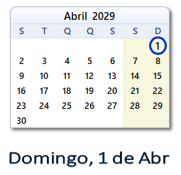 1 Abril 2029 calendario