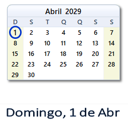 1 Abril 2029 calendario