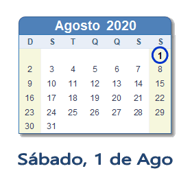 1 Agosto 2020 calendario