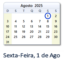 1 Agosto 2025 calendario