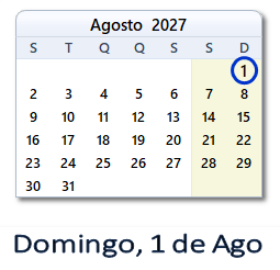 1 Agosto 2027 calendario