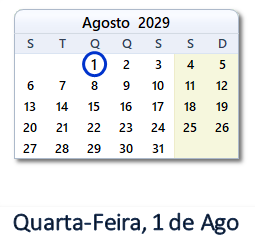 1 Agosto 2029 calendario