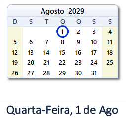 1 Agosto 2029 calendario